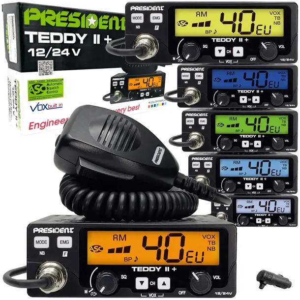 CB Radio PRESIDENT Teddy II+ 12/24V + ASC 7 kolorów AM/FM