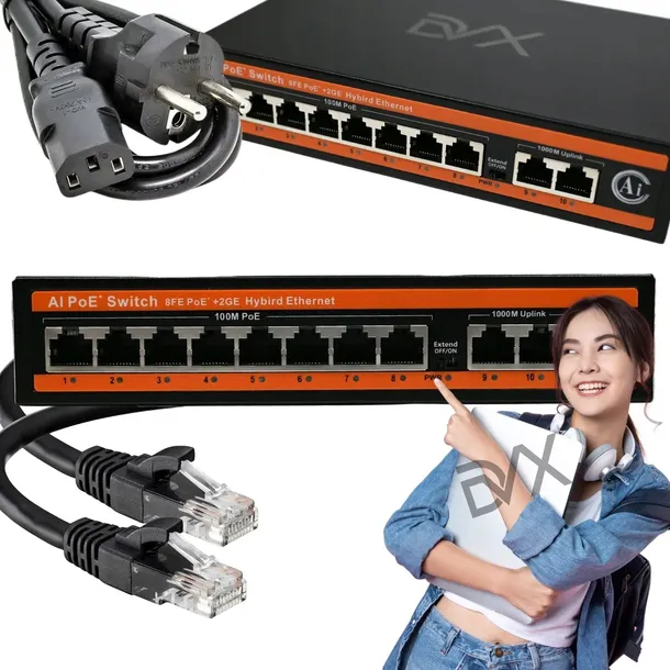 Switch POE 8+2 8x PoE 2xUplink 10/100Mbps DO KAMER EXTEND 120W WATCHDOG