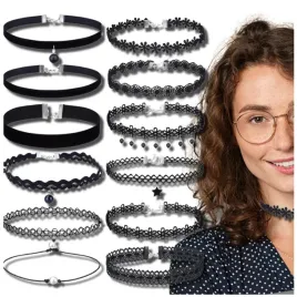 czarny-choker-zestaw-12szt-naszyjnik-rzemyk-koronka-boho-damski-punk-retro