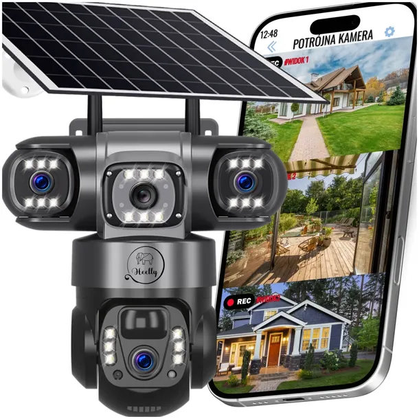 KAMERA SOLARNA WIFI ZEWNĘTRZNA TRZY OBIEKTYWY HD 3X3MP OBROTOWA HEELLY