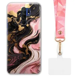 etui-do-xiaomi-redmi-9-funkcjonalne-szeroka-rozowa-smycz-marmurki-marble