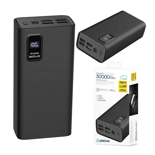 POWERBANK 30000MAH 22,5W PD QC 3.0 USB-C LED POWER BANK MOCNY PODRÓŻNY