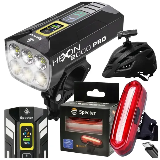 ZESTAW Lampek Rowerowych SPECTER HEXON 2000PRO POWERBANK +Tył CZERWONA AQY
