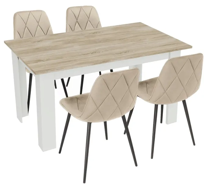 Stół 120x80 SONOMA/BIAŁY z 4 Krzesłami WELUR Do Kuchni Jadalni Salonu LOFT