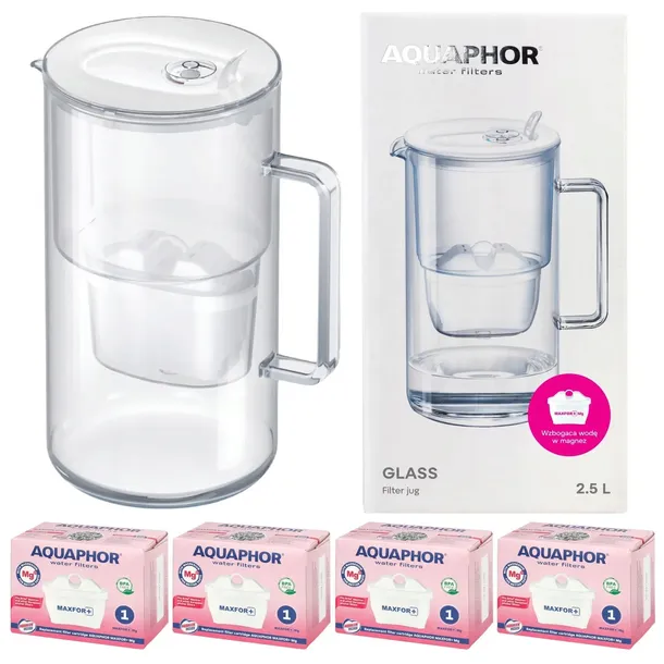 Dzbanek Aquaphor Glass biały 2,5L szklany do wody + 4 filtry Maxfor+ Mg
