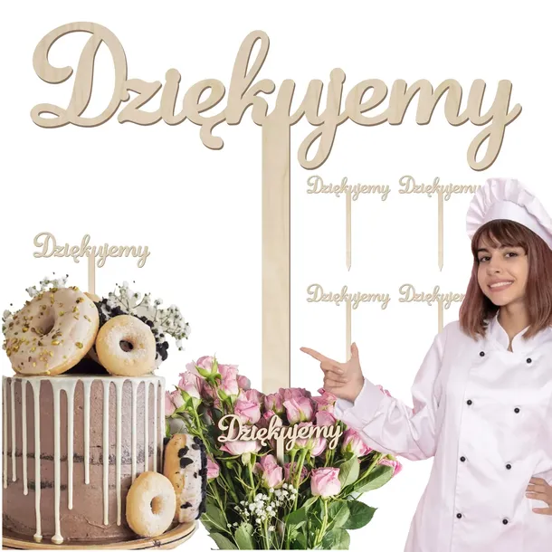 Piki na tort 5SZT Topper drewniany z napisem napis DZIĘKUJEMY na ciasto