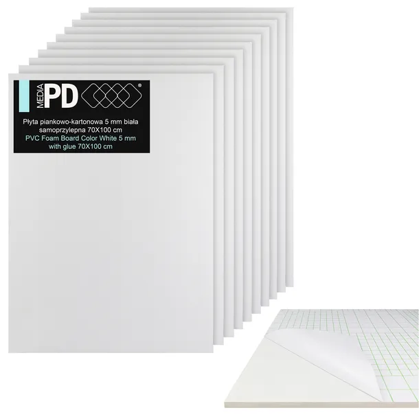 Płyta Piankowa 70x100cm 5mm Samoprzylepna Foamboard Biała z Klejem 10 SZT
