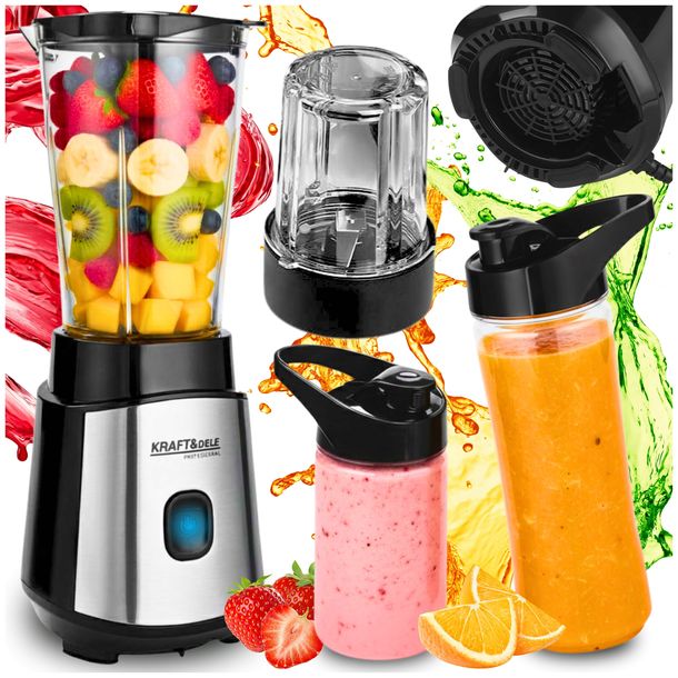BLENDER KIELICHOWY 1500W MIKSER DO SMOOTHIE KOKTAJLI LODU 2 BIDONY + MŁYNEK