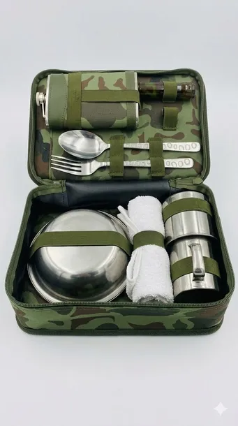 Zestaw Turystyczny Survivalowy 7w1 ze Stali Nierdzewnej w Etui Kamuflaż – M