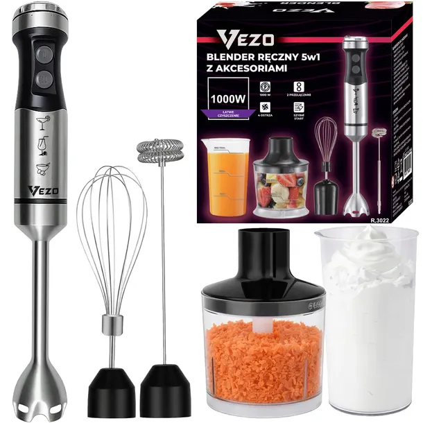 VEZO BLENDER RĘCZNY WIELOFUNKCYJNY MIKSER 1000W ROZDRABNIACZ ZESTAW 5w1
