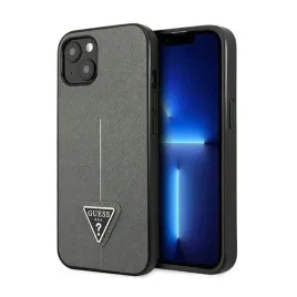 guess-saffiano-triangle-logo-case-etui-iphone-14-plus-srebrny