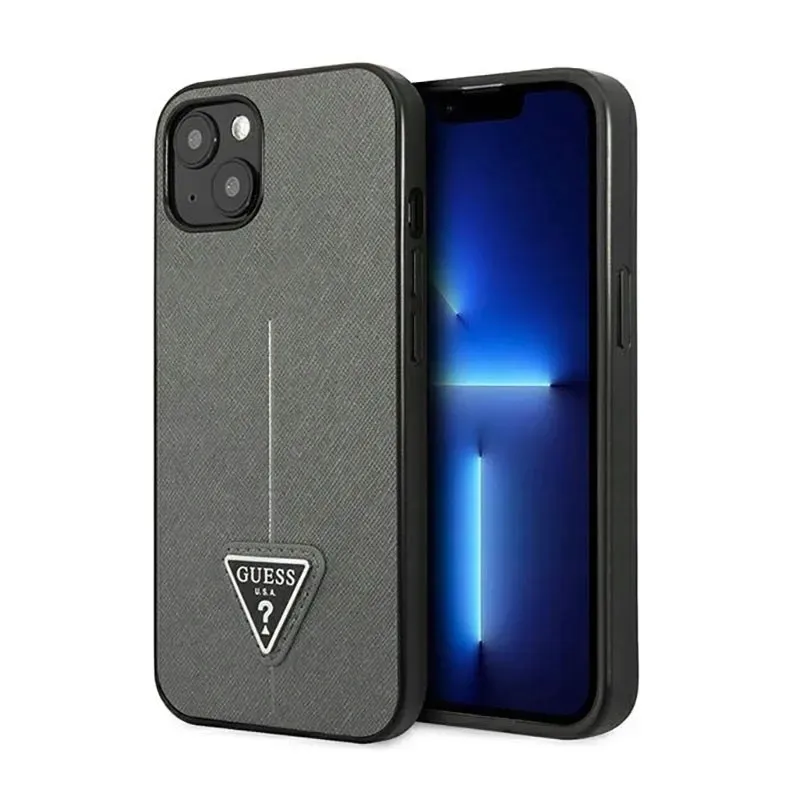 guess-saffiano-triangle-logo-case-etui-iphone-14-plus-srebrny