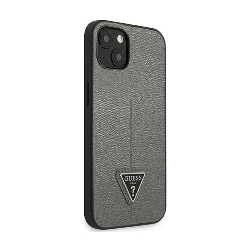guess-saffiano-triangle-logo-case-etui-iphone-14-plus-srebrny