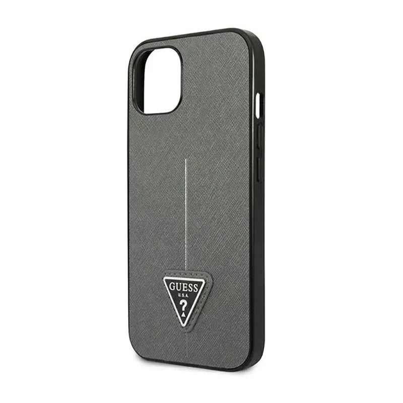guess-saffiano-triangle-logo-case-etui-iphone-14-plus-srebrny