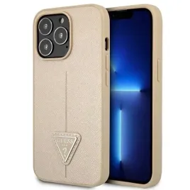 guess-saffiano-triangle-logo-case-etui-iphone-13-pro-bezowy
