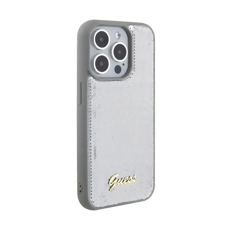 guess-sequin-script-metal-etui-iphone-15-pro-max-srebrny