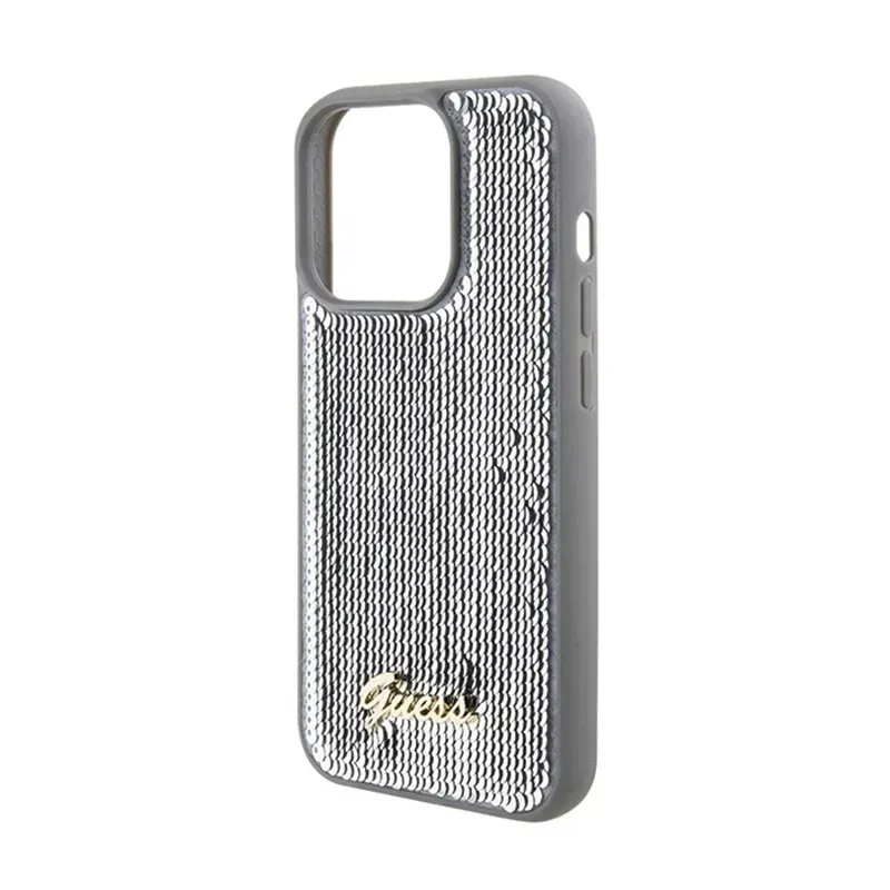 guess-sequin-script-metal-etui-iphone-15-pro-max-srebrny