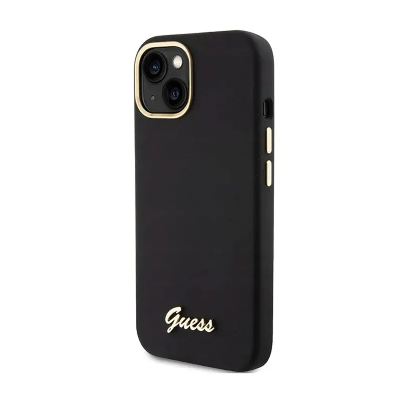 guess-silicone-script-metal-logo-and-frame-etui-iphone-15-czarny-stan-nowy