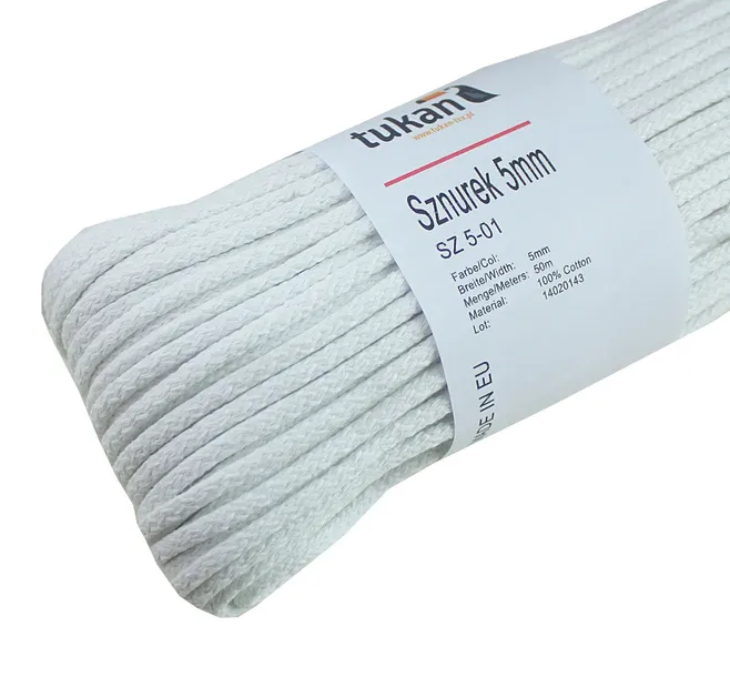SZNUREK BAWEŁNIANY 5mm / 50 m, biały 100% bawełna