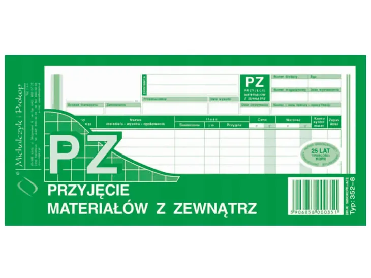 352-8 PZ przyjęcie materiałów z zewnątrz 1/3A4 80 kartek MICHALCZYK