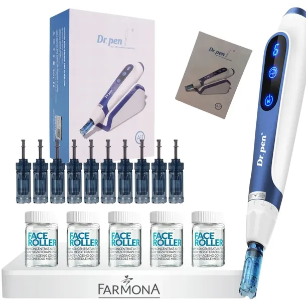 Dr Pen Derma Pen Ulitma A11 + 10x kartridż + 5x ampułki Farmona Face Roller