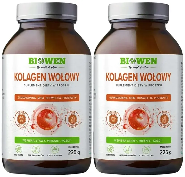 Biowen Kolagen wołowy typu I, II, III proszek 225 g skóra stawy kości