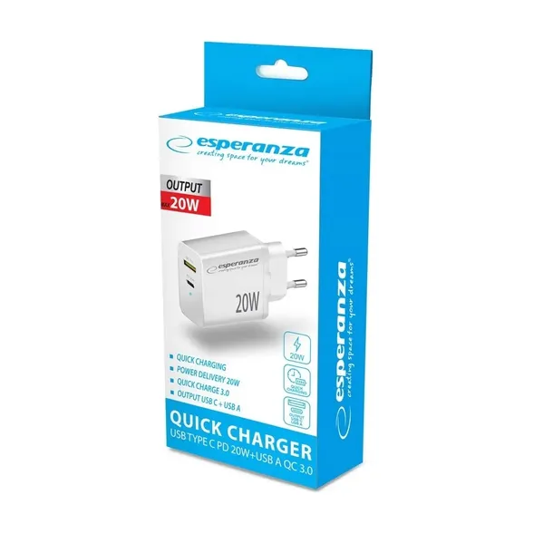 esperanza-ladowarka-siec-20w-usb-c-usb-a-ezc105w-zgodnosc-ze-standardem-quick-charge-3-0