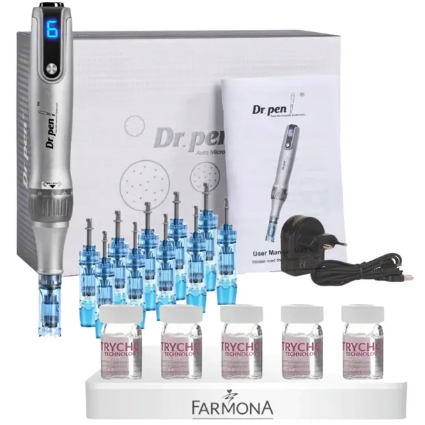 Dr Pen Derma Pen Ulitma M8S-W + 10x kartridż + 5x ampułki Farmona Trycho