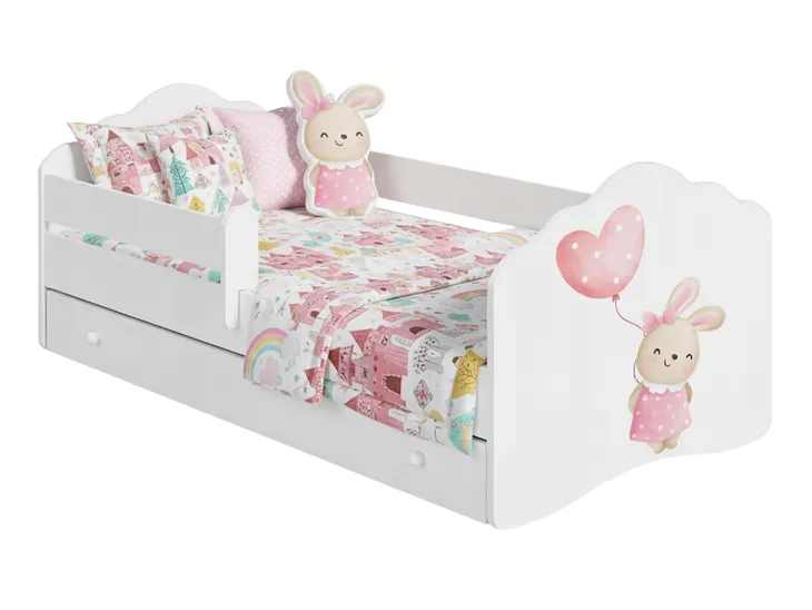 Łóżko dziecięce tapczan 140x70 biały barierka szuflada + materac FALA bunny