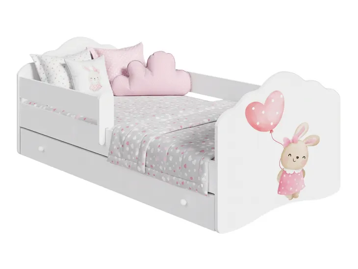 Łóżko dziecięce 160x80 tapczan biały z pojemnikiem + barierka FALA bunny