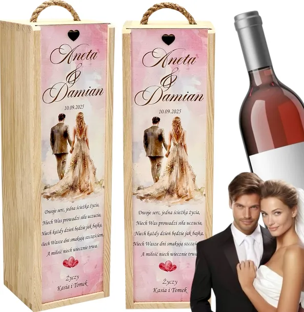 PUDEŁKO SKRZYNKA NA WINO PREZENT NA ŚLUB WESELE Z PERSONALIZACJĄ Eleganckie