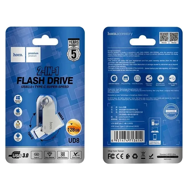 hoco-pendrive-usb-a-usb-c-ud8-128gb-usb3-0-kolor-srebrny