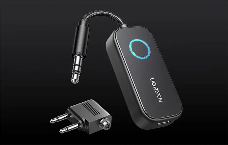 adapter-bluetooth-5-3-ugreen-cm671-tx-rx-mini-jack-3-5mm-do-samolotu-pojemnosc-akumulatora-300-mah