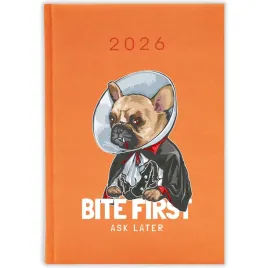 kalendarz-ksiazkowy-2026-bite-first-ask-later-pomaranczowy-na-prezent-wzory