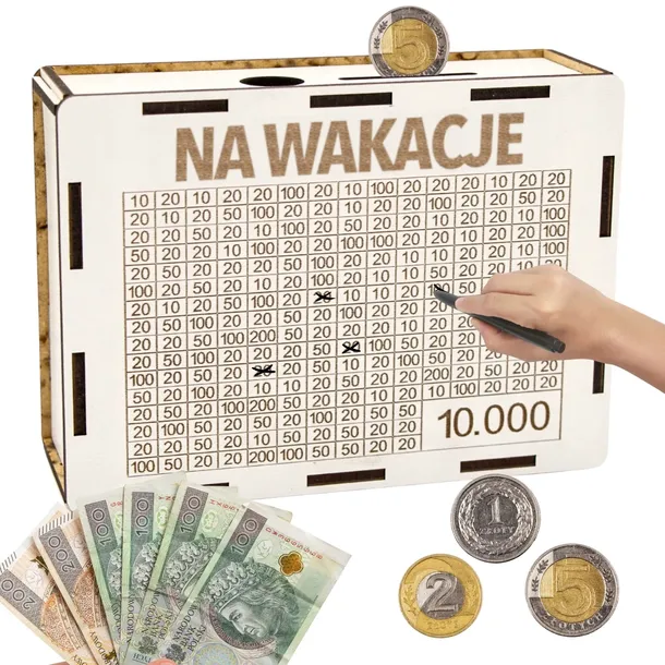 SKARBONKA WYKREŚLANA PREZENT CEL 10000 PERSONALIZACJA BIAŁA NA WAKACJE