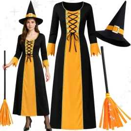 stroj-przebranie-czarownicy-wiedzma-halloween-miotla-kapelusz-xs-s-158-164
