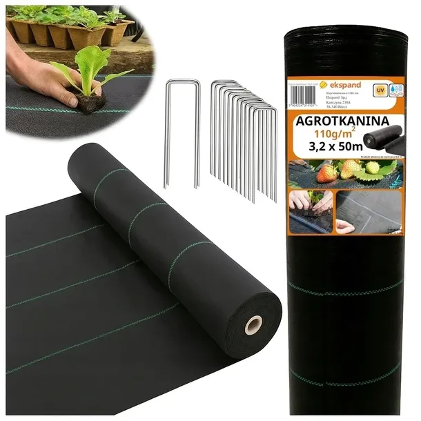 AGROTKANINA 110g 3,2x50m AGROWŁÓKNINA czarna UV antychwastowa mata +SZPILKI