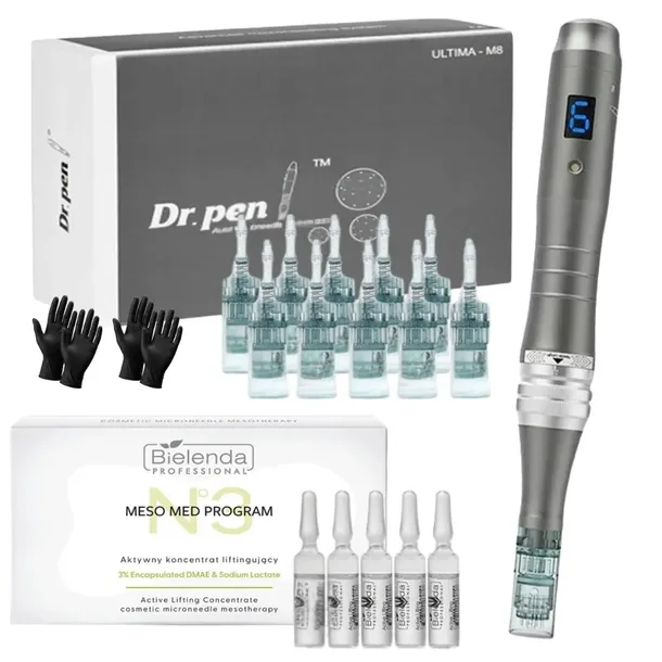 Dr Pen Derma Pen Ulitma M8-W + 10x kartridż + 5x ampułki Bielenda 3% DMAE
