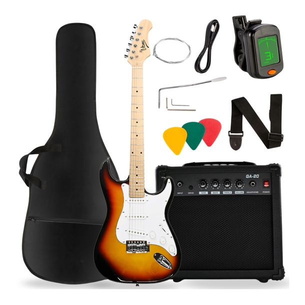 GITARA ELEKTRYCZNA 4/4 BRĄZOWA WZMACNIACZ POKROWIEC TUNER KABEL ZESTAW