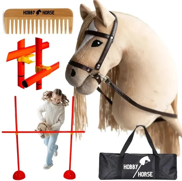 ZESTAW HOBBY HORSE KOŃ NA KIJU A3 + PRZESZKODA DO SKAKANIA 120CM + GRZEBIEŃ