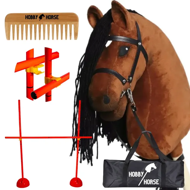 ZESTAW HOBBY HORSE KOŃ NA KIJU A3 + PRZESZKODA DO SKAKANIA 120CM + GRZEBIEŃ