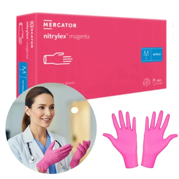 Rękawice nitrylowe - Nitrylex magenta 100 szt., bezpudrowe, różowe roz - M