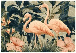 fototapeta-flamingi-liscie-kwiaty-zielony-na-sciane-sypialnia-salon-250x175