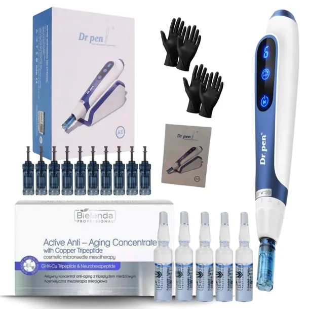 Dr Pen Derma Pen Ulitma A11 + 10x kartridż + 5x ampułki Bielenda tripeptyd