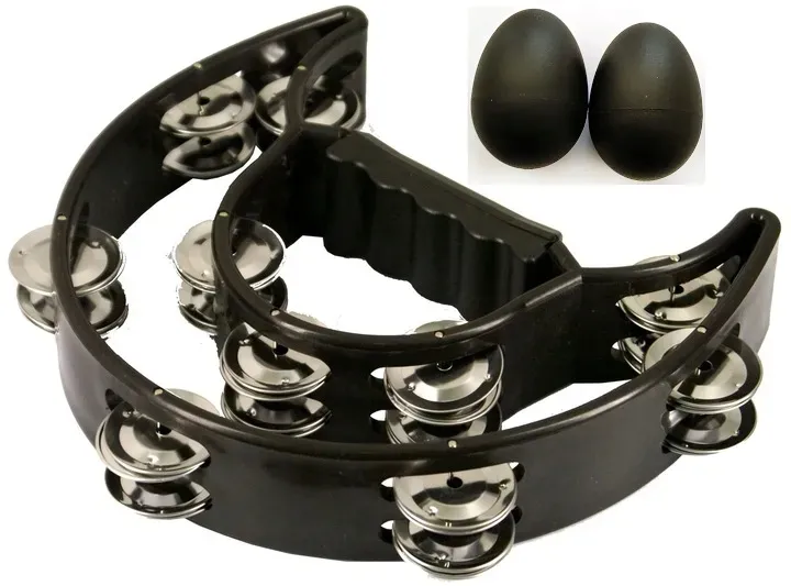 TAMBURYN / TAMBURYNO DWURZĘDOWE + 2 x MARAKAS JAJKO / EGG SHAKER / CZARNY