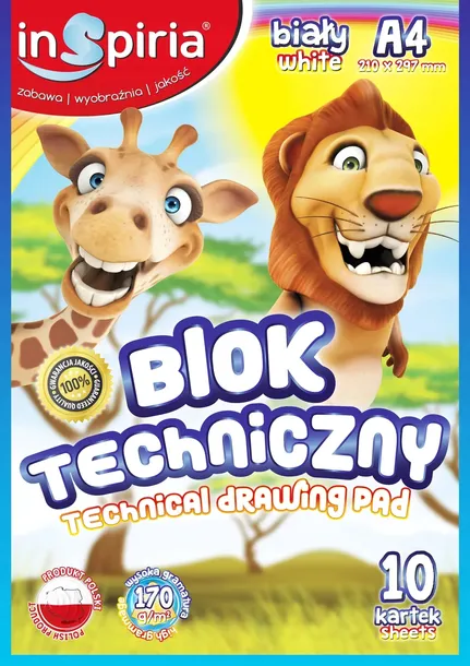 BLOK TECHNICZNY SZKOLNY GRUBY PAPIER FORMAT A4 10 KARTEK BIAŁY 170 G