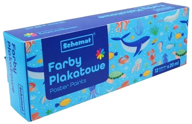 FARBY FARBKI PLAKATOWE SZKOLNE 12 INTENSYWNYCH KOL. WYDAJNE 20 ML SCHEMAT