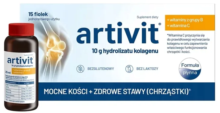 ARTIVIT Kolagen 10000 mg z witaminą C, mocne kości, stawy, 15 fiolek x 25ml