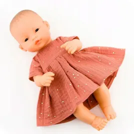 sukienka-dla-lalki-miniland-32cm-marsala-zlote-kropki