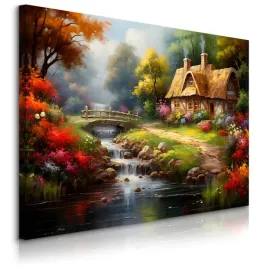 obraz-do-jadalni-wiejska-chatka-pejzaz-kwiaty-las-natura-abstrakcja-120x80